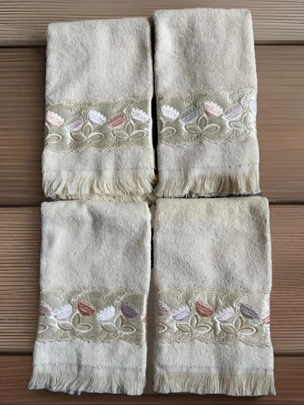 Vintage TROUSSEAU Towel Set 10pc Ivory Cotton Satin Flower Trim 1985 NEVER USED!